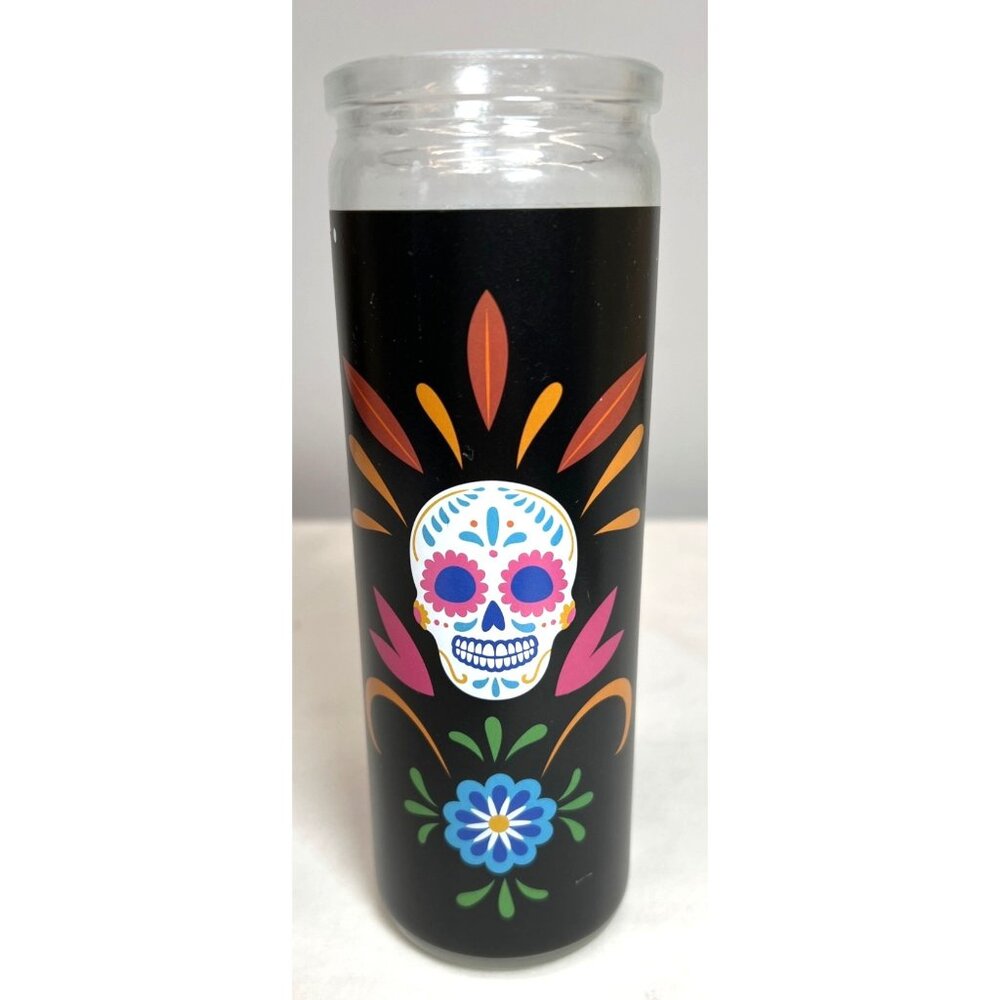 Sugar Skull Glass Prayer Candle With Colorful Day Of The Dead Design